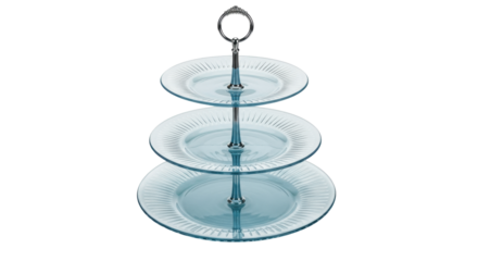 Three-tiered serving tray isolated, light blue glass cake stand for desserts and pastries, kitchenware