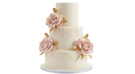 Elegant three-tiered wedding cake isolated, decorated with pink roses and gold accents, perfect for...