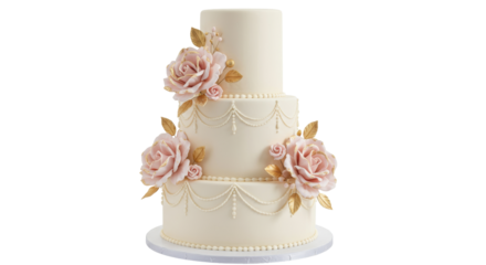 Elegant three-tiered wedding cake isolated, decorated with pink roses and gold accents, perfect for celebrations and special occasions