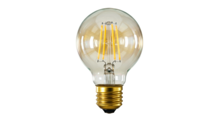 Vintage Edison bulb isolated, clear glass with golden base, antique style filament lamp for decorative lighting and retro design