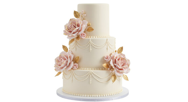 Elegant three-tiered wedding cake isolated, decorated with pink roses and gold accents, perfect for celebrations and special occasions - Powered by Adobe