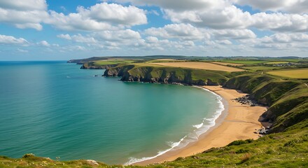 Scenic coastal view of sandy beach and turquoise ocean under blue cloudy sky