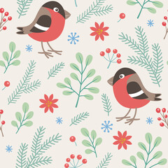 Seamless pattern of bullfinches foliage berries and snowflakes