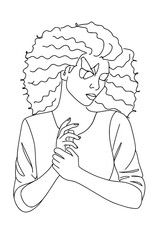 Striking line art portrait of thoughtful woman with stylish curly hair, evokes peace and self-reflection