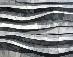 A modern architectural facade displays undulating panels of gray and white tiles, creating a captivating wave-like pattern.