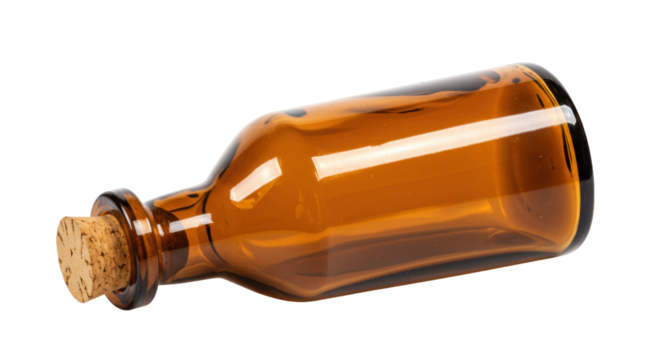 Amber glass bottle with cork isolated on transparent background, vintage apothecary container for potion or medicine