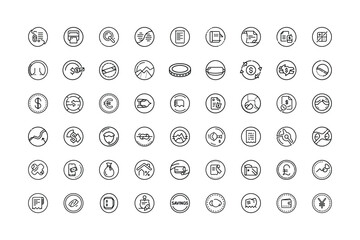 Vector art of variety of handdrawn circular icons representing different elements of finance, business, and technology