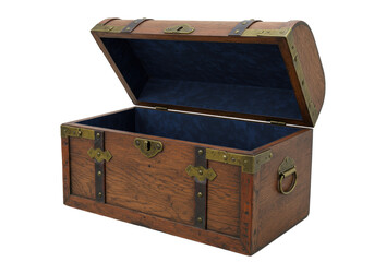 Open wooden treasure chest isolated on transparent background, antique trunk with brass fittings and blue velvet lining