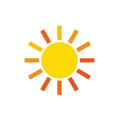 A bright yellow sun with orange rays radiating outwards against a white background, symbolizing warmth and daylight.