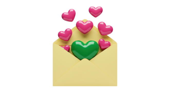 Romantic yellow envelope with pink and green hearts isolated PNG, love letter for Valentine s Day and special occasions