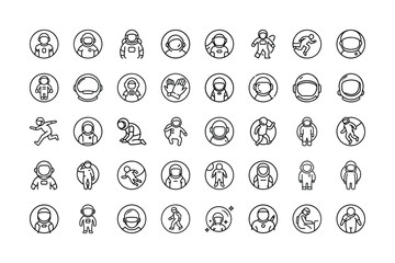 Vector art of set of astronaut and space exploration related line art icons in circles