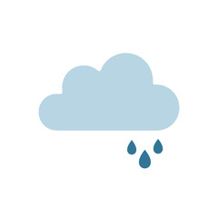 A simple flat vector illustration of a light blue cloud with three dark blue raindrops, symbolizing rainy weather, isolated on a white background.