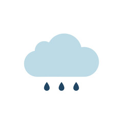 A simple, stylized illustration of a light blue cloud with three dark blue raindrops falling from it against a white background.