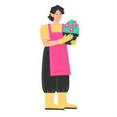 Person in apron holding potted flowers