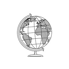A black and white line art illustration of a terrestrial globe showing continents and grid lines on a stand.