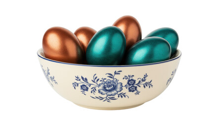 Easter eggs in a bowl isolated, colorful metallic eggs in a floral patterned bowl for Easter holiday decoration and celebration
