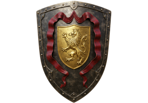 Medieval knight shield with golden lion isolated on transparent background, heraldic coat of arms for fantasy game asset
