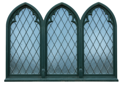 Gothic style window with diamond panes isolated on transparent background, architectural element for design and decoration