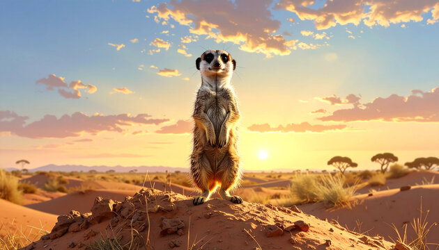 Meerkat standing on mound, pastel sky, wide-angle view, realistic textures.