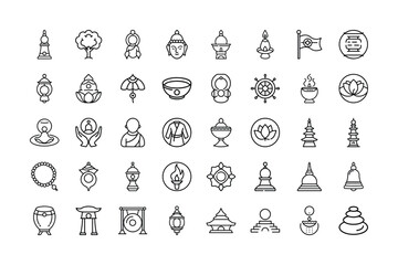 Vector art of collection of handdrawn black and buddhist icons and symbols, isolated a, representing spirituality, meditation, and enlightenment