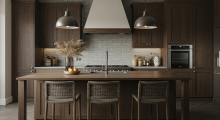 Modern Rustic Kitchen With Dark Wood Cabinets, Central Island, and Woven Bar Stools