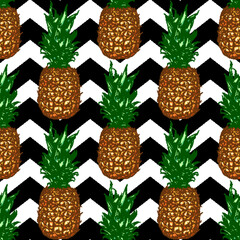 Pineapples on black and white chevron pattern