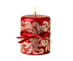 Festive red candle with intricate gold design and a delicate ribbon.