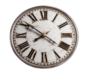 Antique clock face with Roman numerals against a black background.