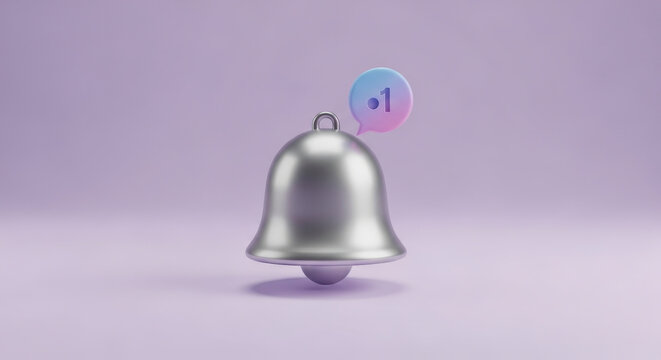 A Silver Bell with a Notification Icon Indicating the Number One on a Purple Background - Powered by Adobe