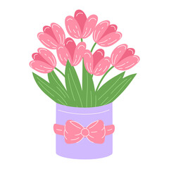Pink tulips in a purple pot with a pink bow