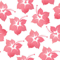 Pink watercolor hibiscus floral pattern on white background
