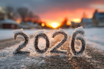 Frosty '2026' numerals on snowy ground at sunset symbolize winter, New Year, and seasonal celebrations in a minimalist setting