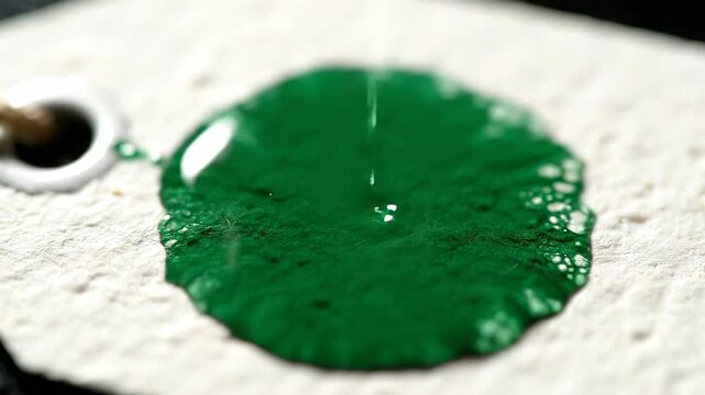 Green liquid spreading on a white surface, close-up, macro shot.
