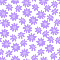 Purple flowers scattered on a white background