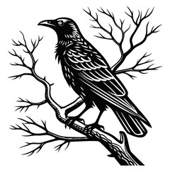 Raven Sitting on a Leafless Tree Branch Illustration