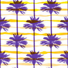 Purple palm trees silhouetted against yellow and white stripes