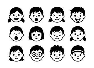 Diverse children facial expressions collection in black and white silhouette style