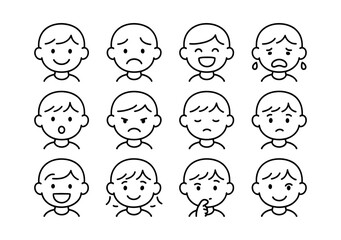 Line art expressions set featuring diverse emotions in minimalist style