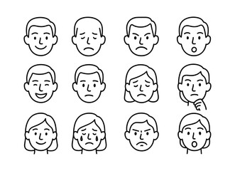 Fototapeta premium Simple line art faces showing various human emotions for communication design