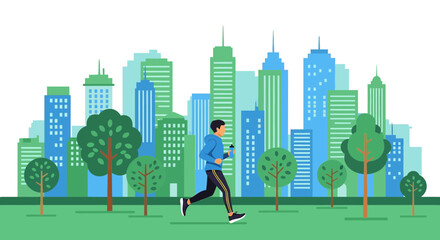 Man jogging in a park with city skyline in background promoting urban fitness and healthy lifestyle