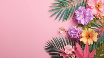 Obraz premium A vibrant arrangement of colorful flowers alongside lush tropical leaves is positioned against a soft pink background. This composition adds a fresh and lively touch to any decor.