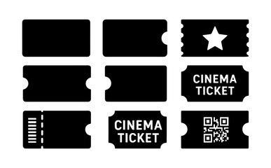 Black silhouette mockup of movie tickets with qr code and barcode designs
