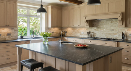 Elegant and Spacious Kitchen Design With Central Island, Light Wood Cabinets, and a View of a Lush Green Garden