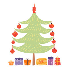 Christmas tree decorated with ornaments, gifts underneath isolated on transparent. Hand drawn flat vector illustration. Traditional holiday, Xmas, New Year, seasonal design element, clip art