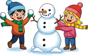 Two happy children building a snowman in the snow with snowballs kids winter
