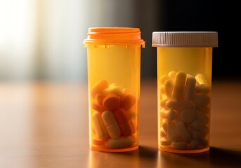 Orange Pill Bottles on Wooden Table.