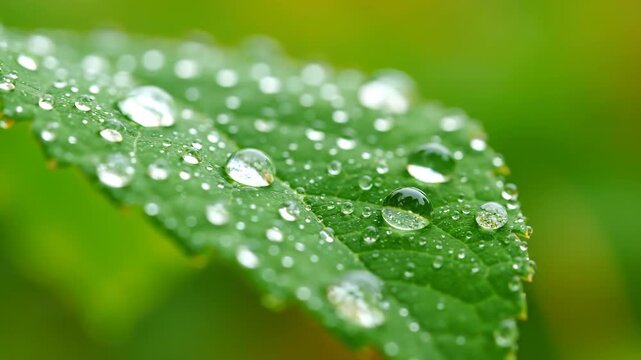 Intimate macro slow-motion shot showcasing glistening dew drops clinging to the intricate abstract textures of a vibrant green leaf wet, refreshing, water drops