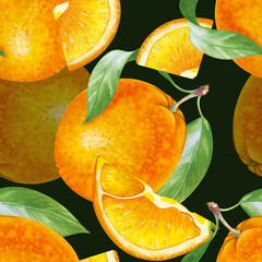 Watercolor seamless pattern with oranges, slices and green leaves on a black background. The illustration with juicy fruits is hand-drawn. A botanical seamless template for packaging, textiles