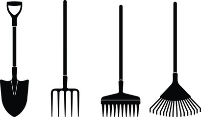Black Silhouette Icons of Gardening Tools on White Background shovel pitchfork