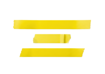 Three vibrant lemon yellow adhesive tape pieces with varied lengths and textures (smooth, matte, torn), arranged horizontally on a transparent background, minimalist product photography concept